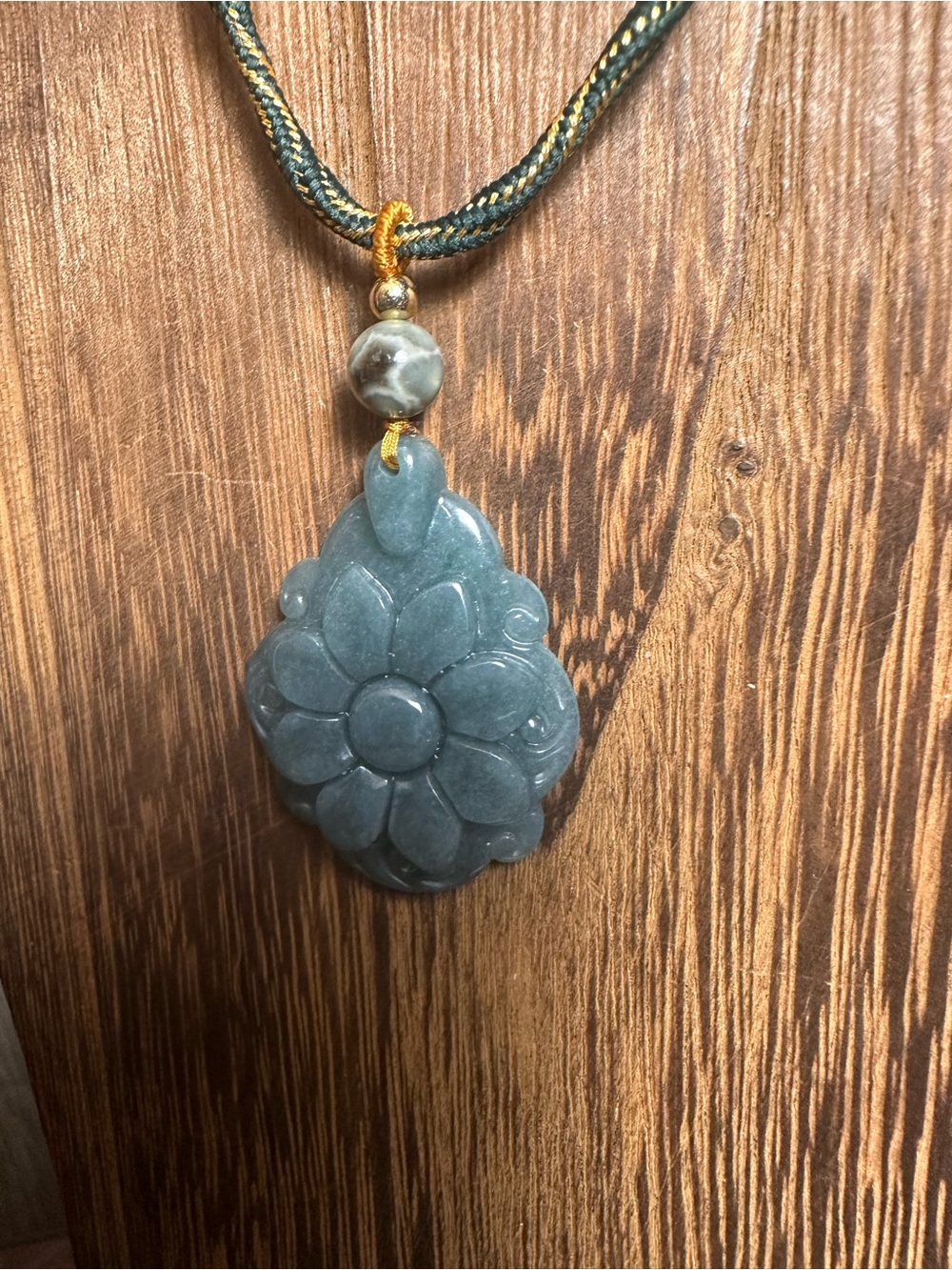 Green Jade Flower Pendant Necklace with Ocean Jasper on Green and Gold Rope - Picture 9 of 11